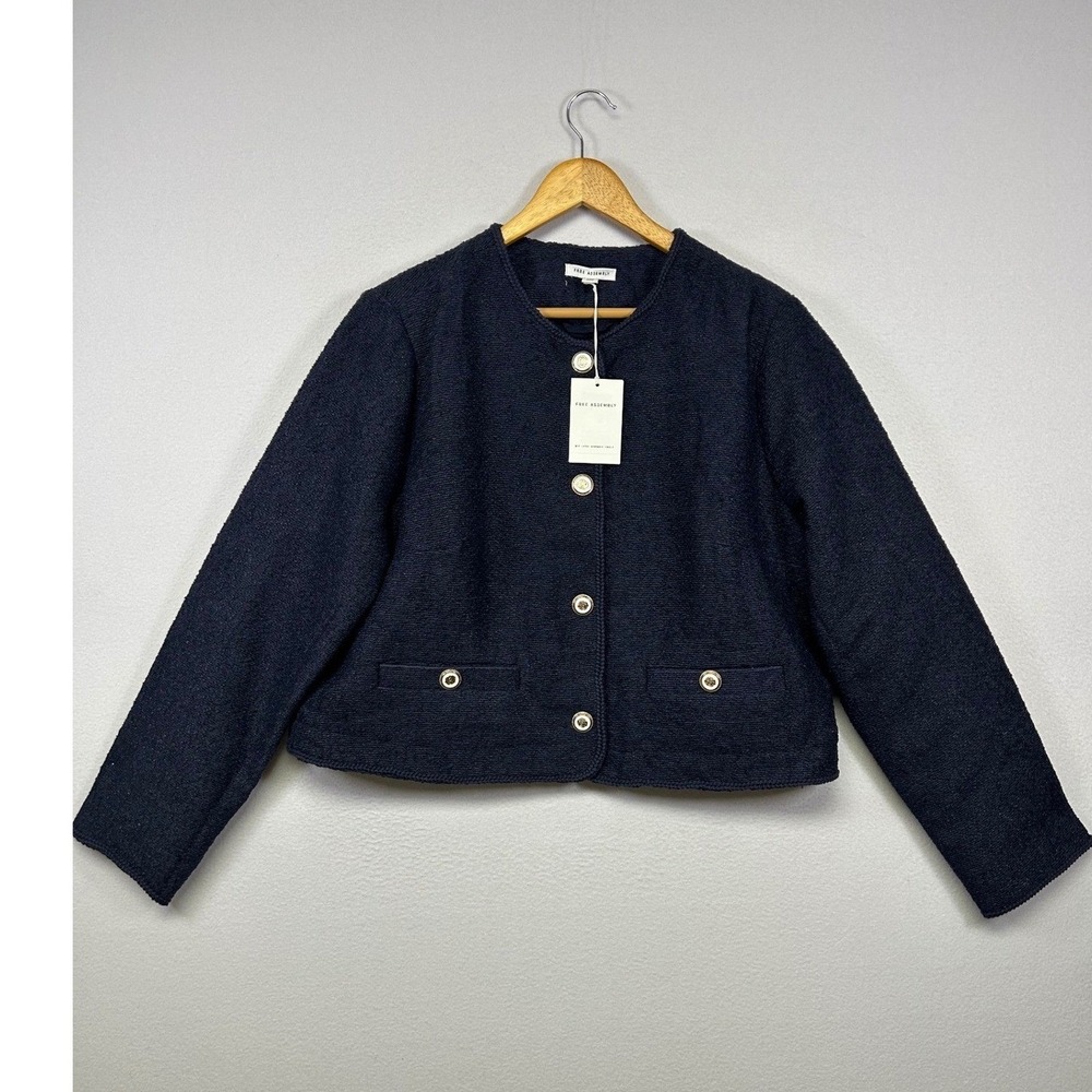 Old Money Free Assembly NWT Women XXL Navy Tweed Boucle Lady Jacket Gold Button